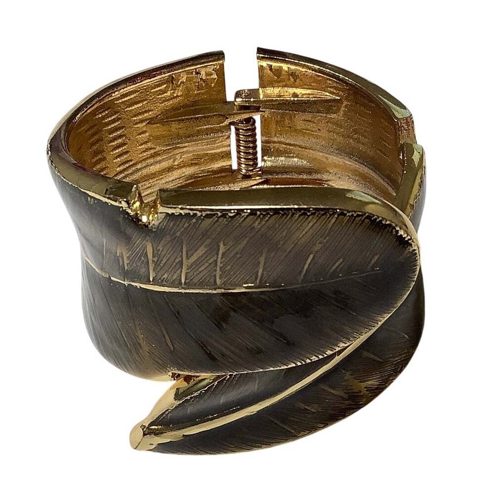 Vintage Gold Tone Black Enamel Double Leaf Bangle Cuff Bracelet Statement F10-53